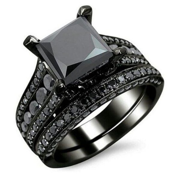 Jewelry - 2PC/SET Princess Cut Black Gray Pave Gothic Engagement Ring